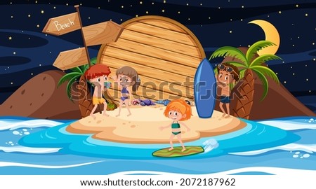 Kids on vacation at the beach night scene with an empty wooden banner template illustration