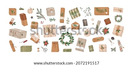 Christmas gifts in kraft paper set. DIY rustic present boxes in craft wrappings with twine bows and branches, Xmas wreaths, envelopes. Colored flat vector illustrations isolated on white background