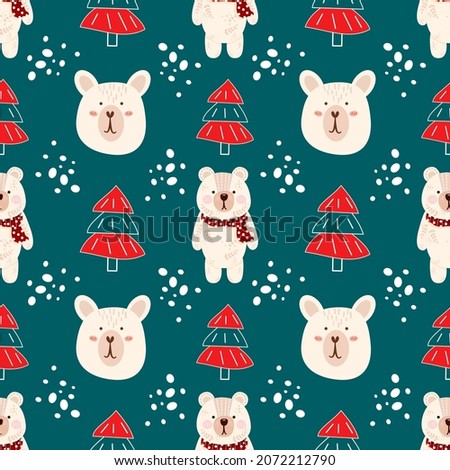 Cute digital painting seamless pattern of polar bear,dots,tree on green background.merry Christmas concept vector illustration.cartoon character hand drawn.design for texture,fabric,clothing,wrapping.
