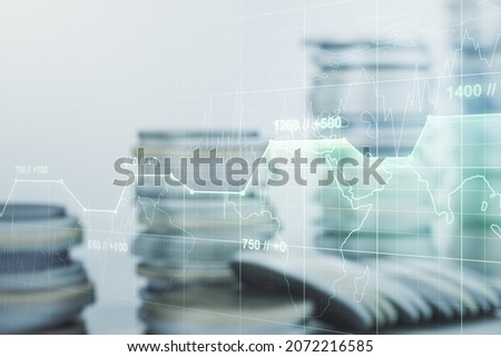 Multi exposure of abstract virtual graphic data spreadsheet sketch on coins background, analytics and analysis concept