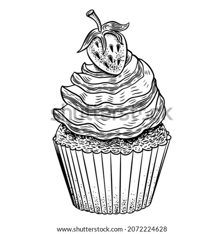 Hand drawn cupcake sketch. Sweet muffin with strawberry isolated on white background. Vector illustration.