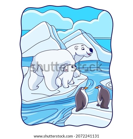 cartoon illustration bears and penguins are on an ice cube
