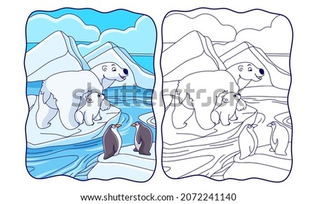 cartoon illustration bears and penguins are on an ice cube book or page for kids