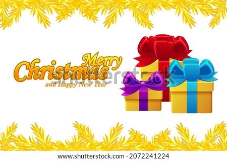 Greeting card with Merry Christmas or Happy New Year gifts. Vector illustration greeting card with a golden Christmas tree.