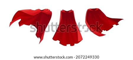 Red cape superhero satin cloth, magic covers isolated cartoon icons set. Vector mantle costume, magic flowing and flying carnival vampire clothes. Superpower cloak waving in wind, hero accessory Royalty-Free Stock Photo #2072249330