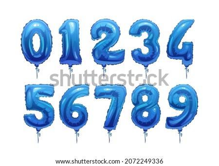 Blue helium balloons colorful numbers isolate icons set. Vector foil and latex balloon from 0 to 9. Vector glossy decorative digits, party, birthday, celebrate anniversary and wedding decoration