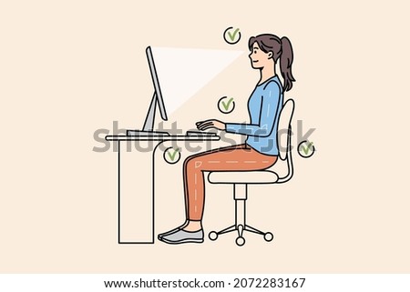 Girl sit at desk work on computer in correct position. Young woman keep right distance between eyes and posture at PC table. Ergonomic office job concept. Vector illustration, cartoon character.  Royalty-Free Stock Photo #2072283167