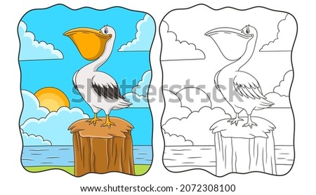 cartoon illustration pelicans perched on tree trunks near the river book or page for kids