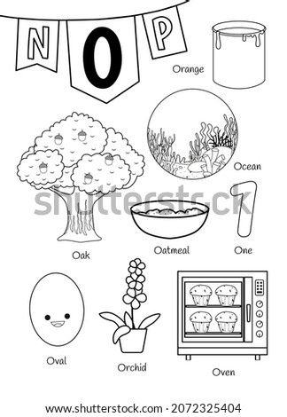 English alphabet with cartoon cute children illustrations. Kids learning material. Letter O. Illustrations oak, ocean, orange, oval, orchid, oven. Outline collection.

