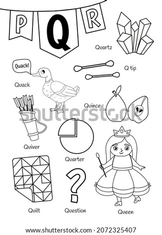 English alphabet with cartoon cute children illustrations. Kids learning material. Letter Q. Illustrations quartz, queen, quarter, quince, quiver, question. Outline collection.
