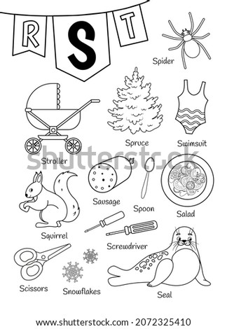 English alphabet with cartoon cute children illustrations. Kids learning material. Letter S. Illustrations stroller, seal, swimsuit, spruce, spider, scissors. Outline collection.

