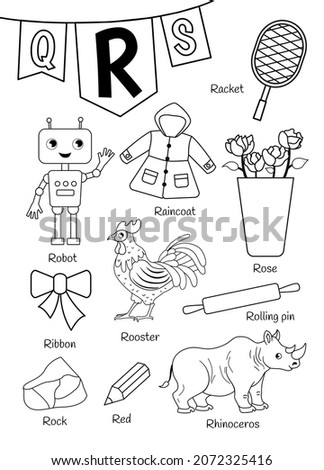 English alphabet with cartoon cute children illustrations. Kids learning material. Letter R. Illustrations robot, racket, rose, rolling pin, rooster, red, rhino. Outline collection.

