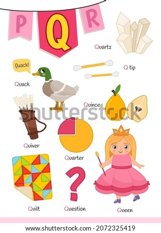 English alphabet with cartoon cute children illustrations. Kids learning material. Letter Q. Illustrations quartz, queen, quarter, quince, quiver, question.
