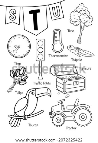 English alphabet with cartoon cute children illustrations. Kids learning material. Letter T. Illustrations traffic light, tree, time, tulips, thermometer, treasures, toucan, . Outline collection.
