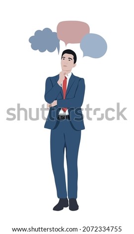 Young man thinking and blank thought speech bubble. Vector illustration in cartoon style.