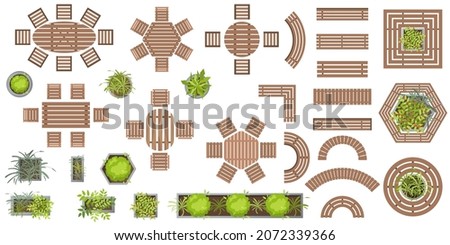 Set of vector wooden furniture, benches and plants in pots for landscape design top view. Collection of architectural elements for projects. Table, chair, bench, pot, grass, tree in flat style Royalty-Free Stock Photo #2072339366