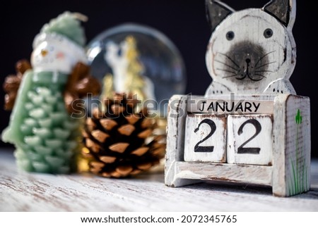 2022 new year themed photo. cat calendar, cones and candles.