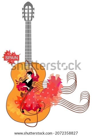 Beautiful Hispanic young woman dancing flamenco on the background of a huge guitar. A treble clef and musical rulers complete the picture. Concert poster, card. Vector illustration.