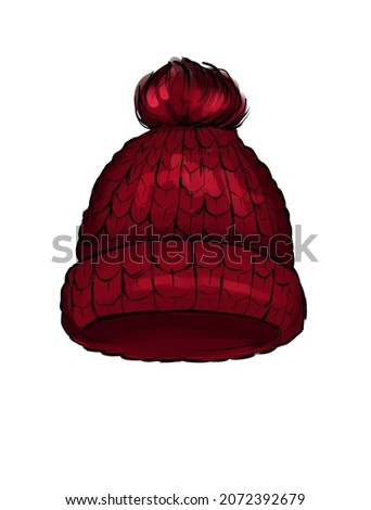 Bright winter knitted hat with pompon, sketch style vector illustrations isolated on white background. Hand drawn woolen hat with a big fluffy pompom, winter accessory