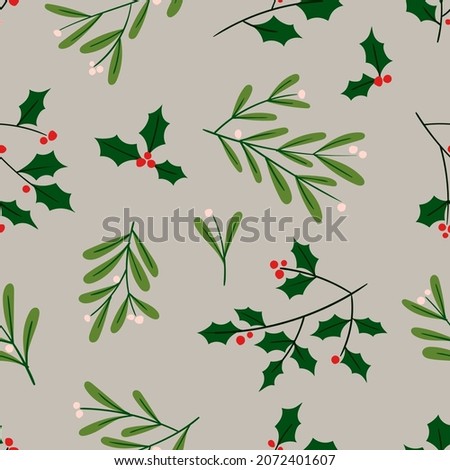 Hand drawn seamless vector pattern. Winter themed background with branches. Holiday texture for your design. Merry Christmas