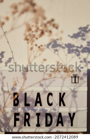 Signboard with text Black Friday and gypsophila flower. Online shopping concept. Buying presents for Christmas. Hgh trendy shadows. Cozy home. High quality photo