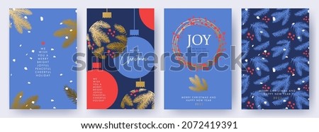 Merry Christmas and Happy New Year Set of greeting cards, posters, holiday covers. Elegant Xmas design in blue, red and gold colors with hand drawn fir branches, Christmas balls and brush painted snow