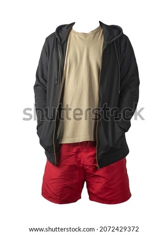 black sweatshirt with iron zipper hoodie,biige t-shirt and red sports shorts isolated on white background. casual sportswear