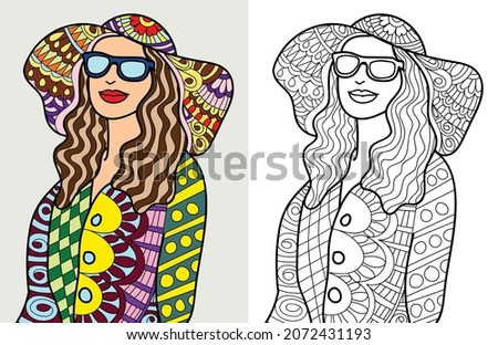 Fashion Woman posing portrait zen tangle doodle colouring book page for adults vector illustration henna vintage background template relaxing art.
