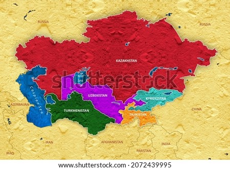 Central Asia Map with countries -Republics of Kazakhstan, Kyrgyzstan, Tajikistan, Turkmenistan, and Uzbekistan. Royalty-Free Stock Photo #2072439995