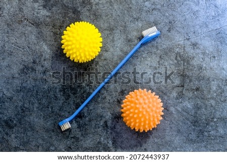 an unusual and interesting percentage sign made of a dog toothbrush and two balls for washing clothes in a typewriter; a crazy design solution