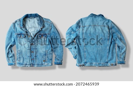 Jean jacket isolated on white. Front and back views. Ready for clipping path. Royalty-Free Stock Photo #2072465939