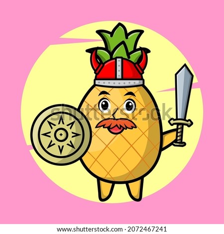 Pineapple viking pirate character cartoon with hat and holding sword and shield in cute style design for t-shirt, sticker, logo element, poster