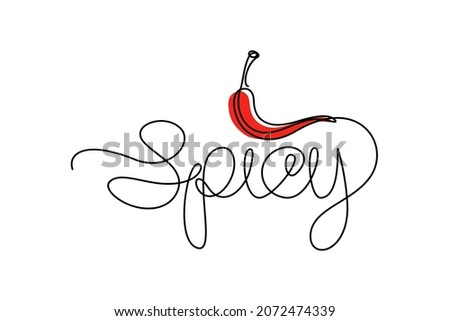 Spicy handwritten lettering with symbolic red hot chili pepper for spicy food definition. Continuous line drawing text design. Vector illustration