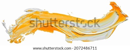 Wave of yellow and white oil brush hand drawn stroke. Abstract varnish splash trace shape. Glossy oil paint smear long line isolated on white background. EPS10 vector illustration.