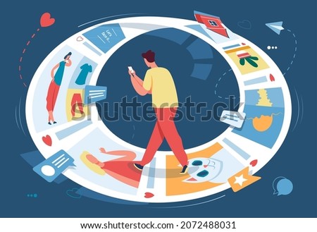 Internet or social media addiction, character scrolling through app. Person using smartphone, endless scroll addict vector illustration. Man user surfing networks with photos and posts Royalty-Free Stock Photo #2072488031