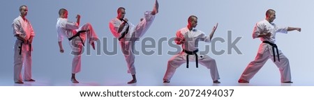 Collage of portraits of professional martial arts sportsman training in kimono isolated over gradient blue background in neon lights. Concept of sport, action, movement, health. Copy space for ad Royalty-Free Stock Photo #2072494037
