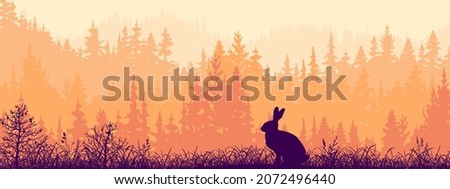 Horizontal banner. Silhouette of hare standing on meadow in forrest. Silhouette of animal, trees, grass. Magical misty landscape, fog. Orange, black illustration. Bookmark.