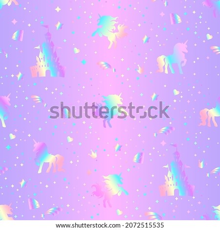 Rainbow seamless pattern with unicorns, hearts, crowns and stars on a holographic background. Rainbow unicorn silhouettes. Vector image.