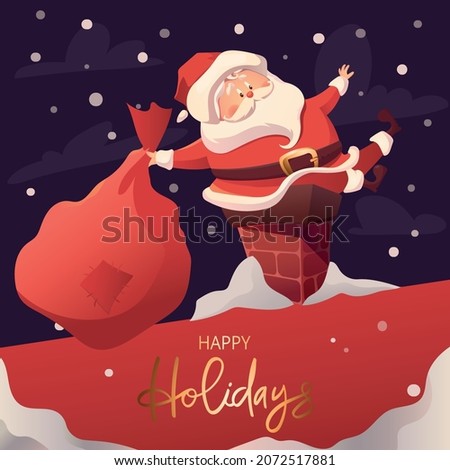 Christmas postcard with night winter landscape, Santa happy charachter in chimney, bag of gifts. Vector illustration with lettering.