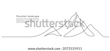One continuous line drawing of mountain range landscape. Web banner with mounts in simple linear style. Adventure winter sports concept isolated on white background. Doodle vector illustration