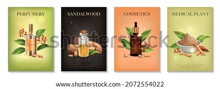 Realistic sandalwood poster set with four vertical compositions of editable ornate text leaves berries and vials vector illustration Royalty-Free Stock Photo #2072554022