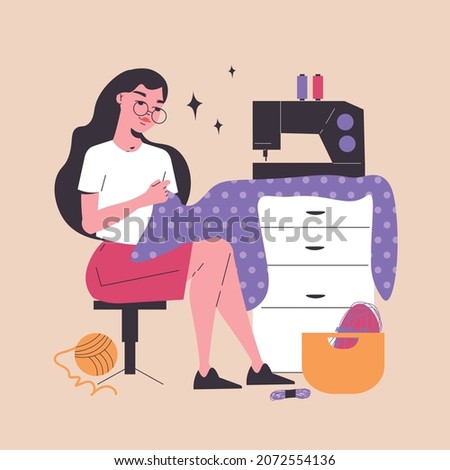 SewinghHobby concept with clothing industry and handicraft symbols flat vector illustration