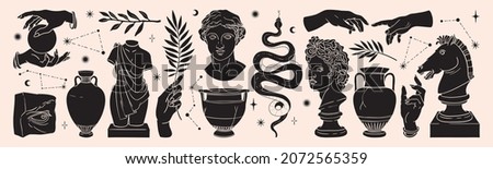 Greek ancient sculpture mystic set. Vector hand drawn illustrations of antique classic statues in trendy bohemian style. Boho tattoo art. Heads, horse, branch, vase, column, snake, hands, body, stars. Royalty-Free Stock Photo #2072565359