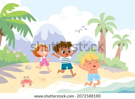 Vector illustration. Joyful children enjoying summer vacation, rest, sunbathing on the seaside at tropical resort. Kids bathing and swimming in blue water in tropical sea with palm trees on background