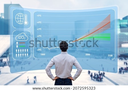 Global warming and climate change with chart of global surface temperature projections depending on CO2 policy. Carbon dioxide greenhouse gas footprint, sustainable development. Data from IPCC AR6 WG1 Royalty-Free Stock Photo #2072595323
