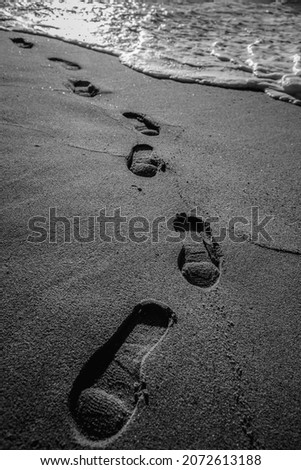 Detail of footprints in the wet sand of the beach.