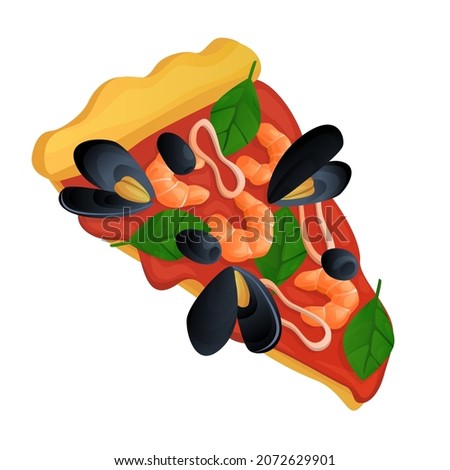 Vector isolated slice of delicious, fresh pizza with shrimp, olives, mussels, squid in tomato paste, basil leaves. The concept of a snack, fast food, traditional Italian with seafood.