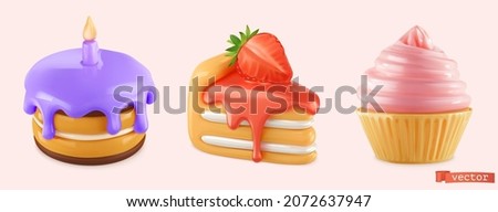 Sweet food. Cake, cupcake 3d render realistic vector icon set Royalty-Free Stock Photo #2072637947