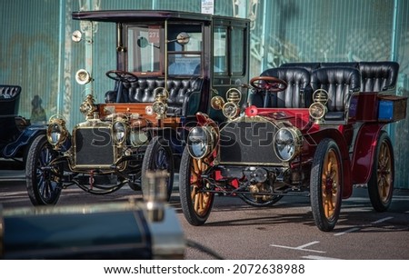 Vintage Cars from the 1900's parked up on a historic show of classic cars London to Brighton, East Sussex, UK. Royalty-Free Stock Photo #2072638988