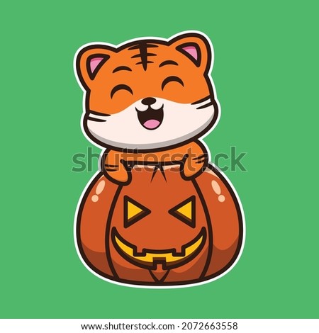 vector illustration of cute tiger on the Helloween pumpkin, suitable for greeting cards, birthday gifts, stickers, clothes